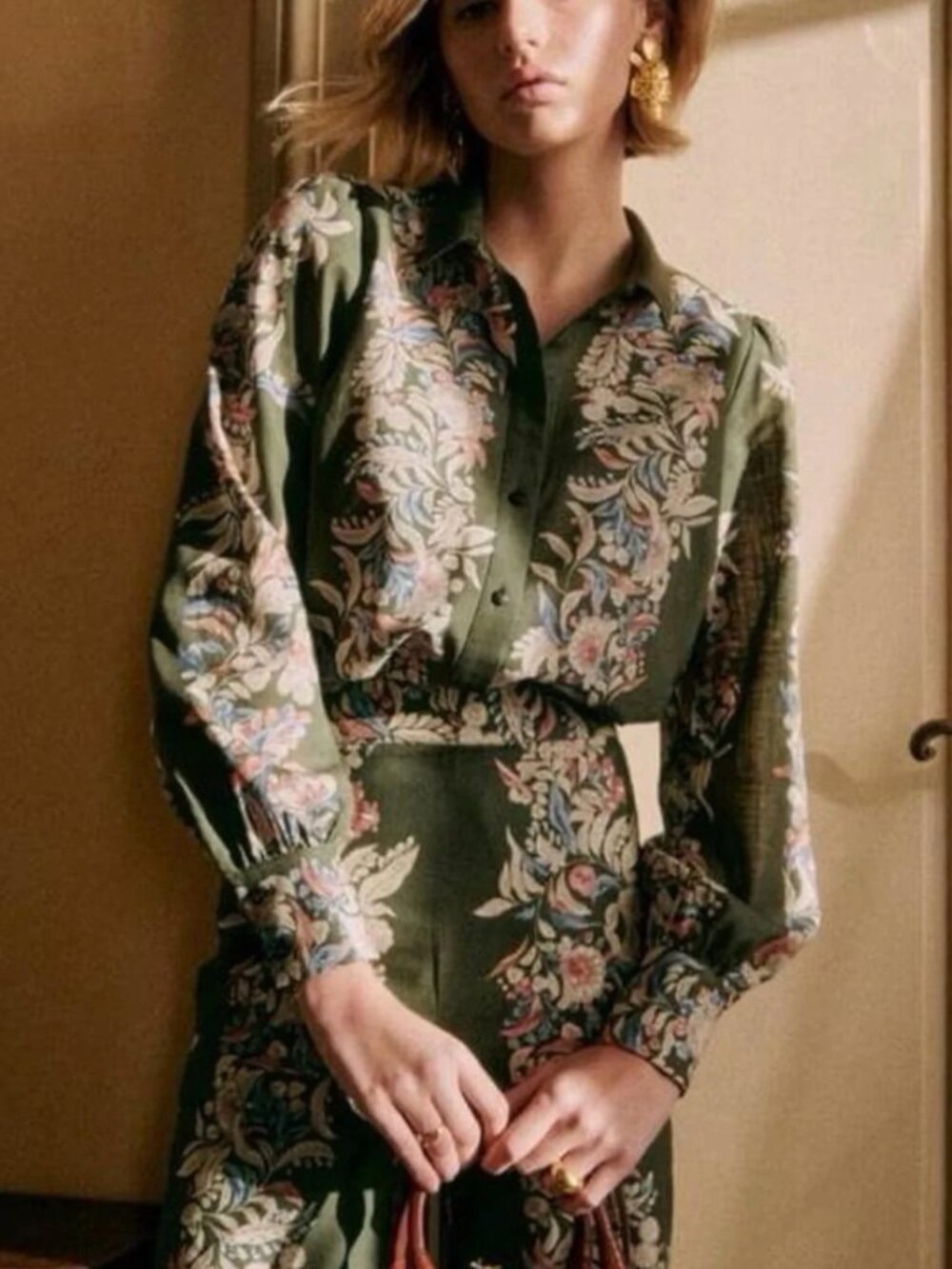 Sezane Claudio Floral Button-Up Shirt Green sz 38 or 6 100% cotton